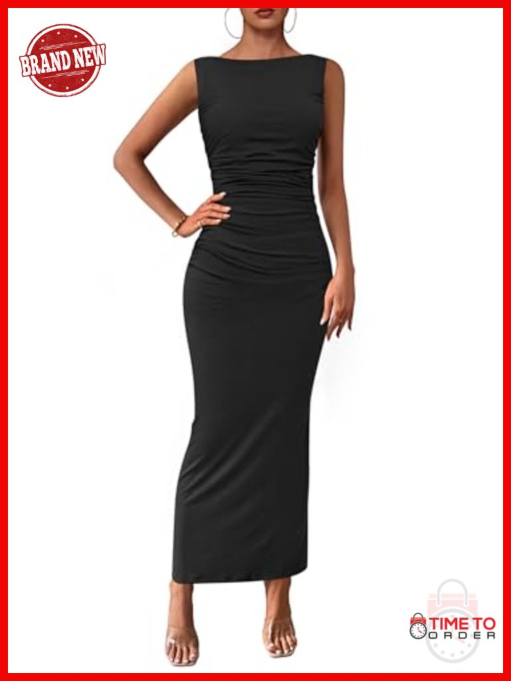 Women's Bodycon Midi Dress Sleeveless Ruched Back Slit Cocktail Party